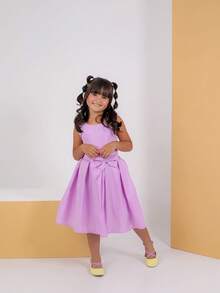 Vestido Infantil Menina Elegante Look Natal Casamento Festa Fashion Detalhes Em Pérolas Laço Traseiro Renda Delicada Vestido Midi Rodado Estiloso Mini Diva Blogueirinha Formatura Igreja Sofisticado Conforto - Lavanda - Visão 6