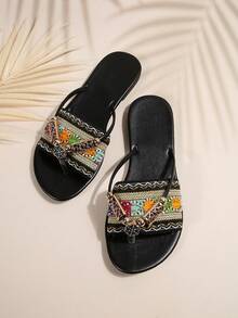 Damskie losowo drukowane retro boho haftowane koralikowe klapki, modne wakacje na plaży impreza w pomieszczeniach swobodne, wiosna/lato