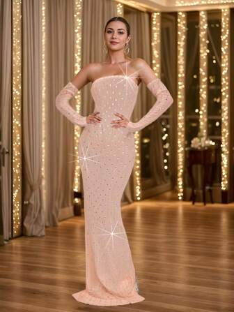 时尚女士纯色闪亮水钻性感舞会礼服长裙新款节日婚礼生日派对、婚礼宾客礼服、正式礼服、晚礼服