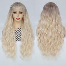 26-Inch Brown To Light Blonde Long Curly Wave Wig With Bangs, Soft Heat Reisitant Synthetic Fiber Hair Wigs, Women's Cosplay And Daily Wear Wig For Christmas And Music Festivals, Basic Style
