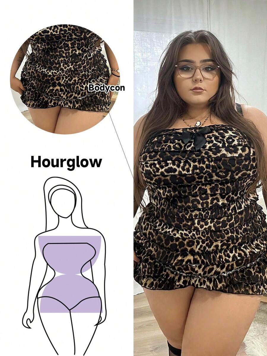Hourglow Emily_louise_swain Plus Size Women Y2K Harajuku Leopard Print All-Over Ruffle Hem Mini Playsuit, For Hourglass Body Shape - Multicolor - View 1