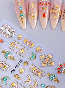 2 Pieces Of Bohemian Star Moon Sun Relief Nail Art Stickers - Yellow, Red, Blue, And Purple Stars, Moon, Sun, And Pearl Art Designs, 5D Relief Craftsmanship, Disposable Self Adhesive Back Adhesive Nail Stickers Suitable For Women, Bohemian Star Moon Theme Style, Easy To Stick Nail Decoration Stickers