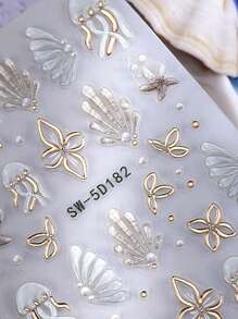 2 Pieces Of Summer Hot Stamping Jellyfish Shell Relief Nail Art Stickers - Summer Ocean Fresh And Simple Hot Stamping White Jellyfish, Shell, Starfish And Small Flower Art Design, 5D Relief Technology, Suitable For Women's Disposable Self-Adhesive Back Adhesive Nail Art Stickers, Summer Ocean Simple Theme Style, Easy To Stick Nail Decoration Stickers