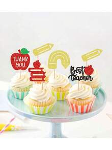24pcs Back To School Teachers' Day Cupcake Decorations, Glitter Thank You Apple Pencil Stationery Cupcake Toppers, Suitable For Graduation Ceremony, Back To School, Baby Shower, Birthday, Anniversary, Thanksgiving Party Cake Decorations - Multicolor - View 5