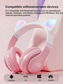 Casque sans fil, Bluetooth 5.0, longue durée de vie de la batterie, audio haute qualité, faible latence, design oreilles de chat, convient pour l'écoute de musique et le jeu esport