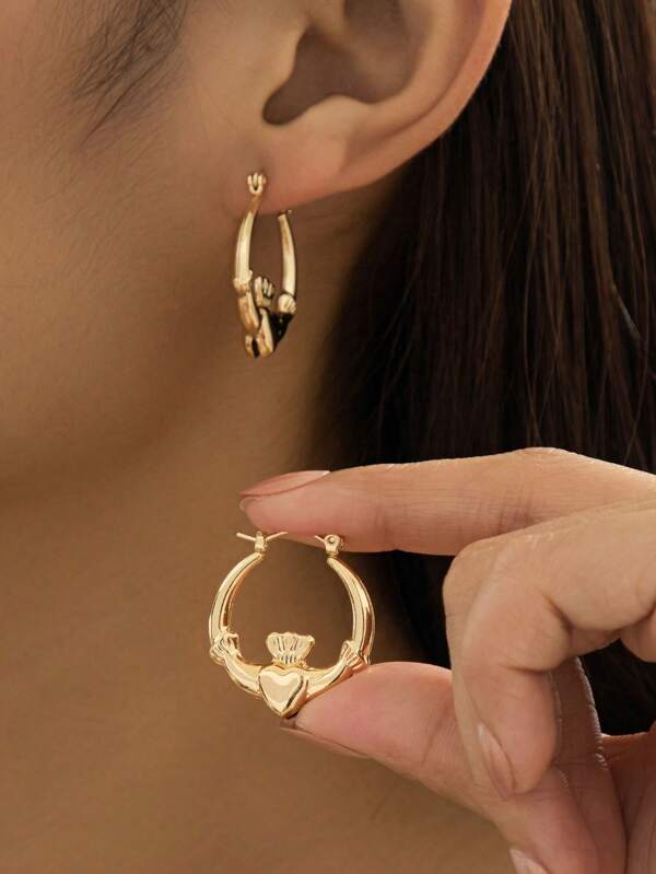 1 Pair Zinc Alloy Geometric Circle Crown Heart Wing Stud Earrings, Vintage Minimalist Petite Cute Elegant Fashion Suitable For Valentine's Day Gift, Party, And Daily Wear