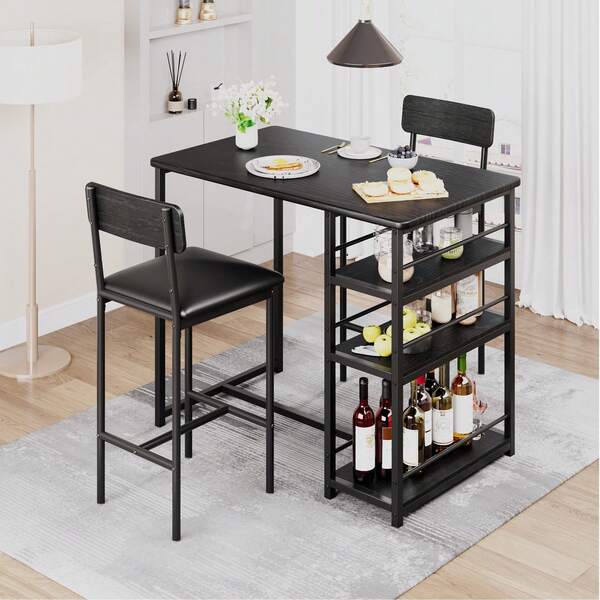 Juego de mesa de comedor para 2, juego de mesa de comedor con 3 niveles de almacenamiento, juego de mesa de cocina de bar con 2 sillas tapizadas, juego de mesa de cocina de 3 piezas para apartamento, espacio pequeño 91,4 x 50 x 91,4 cm