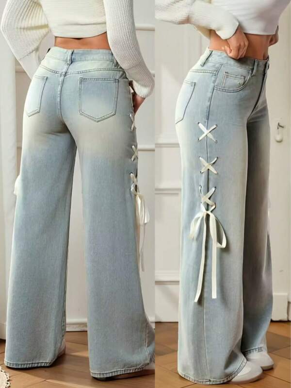 Cute Bowknot Decor Casual Elegant Denim Lace-Up Women Jeans