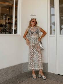 Women's Y2K Sequins Flower Sheer 2 Piece Skirt Outfits Cap Sleeve Tops Long Skirt Set Bikini Cover For Beachwear - 白色 - 查看 1