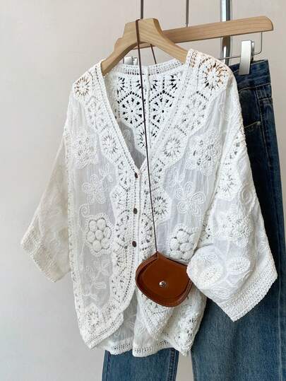 JIANHU Petite Boho Crochet Cardigan - Romantic Floral & Geometric Lace Cover-Up For Vacation & Daily Wear | Lightweight V-Neck Button-Up Knit (Perfect For Petite Frames)