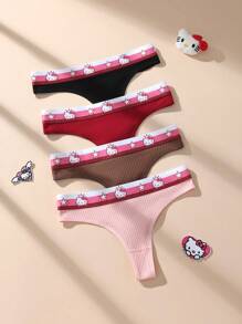 Sanrio 4 piezas Bragas tipo tanga con estampado de Hello Kitty de Sanrio de tiro bajo, suaves de algodón transpirable, estilo adorable, adecuadas para adolescentes y estudiantes