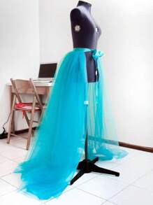 1pc European & American Style Tulle Skirt With Waist Tie & Detachable Lining, Available In Black, White, Red