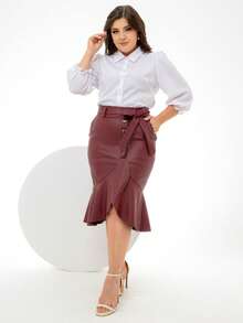 Women's Leather Midi Skirt With High Waist And Ruffles And Bow - 酒紅色 - 查看 2