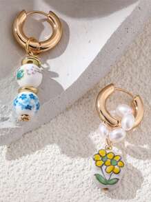 2 buc Cercei ceramici cu fluture și flori, cu mărgele, primăvară/vară, picătură de ulei cu perle artificiale, multicolori, potriviți pentru exterior, plajă, naveta, accesorii de zi cu zi