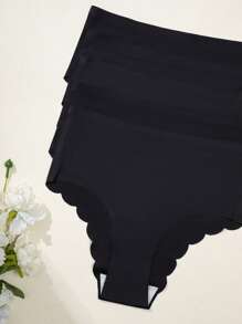 5pcs Women's Seamless Triangle Panties, Solid Black, Fashion & Comfortable, Wavy Hem Design, Casual Daily Homewear Set