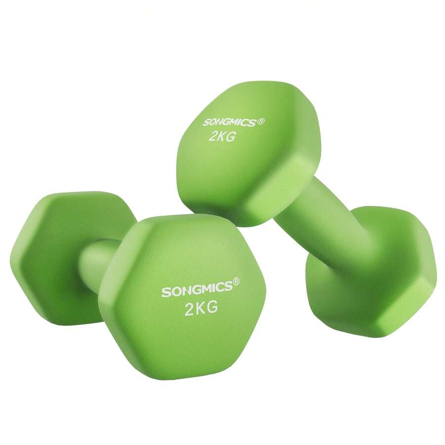 Juego de 2 Mancuernas, 2 x 2 kg, Mancuernas Hexagonales con Superficie de Vinilo, para Fitness, Ejercicio, Entrenamiento, para Gimnasia en Casa, Verde Lima - Verde - Ver 1