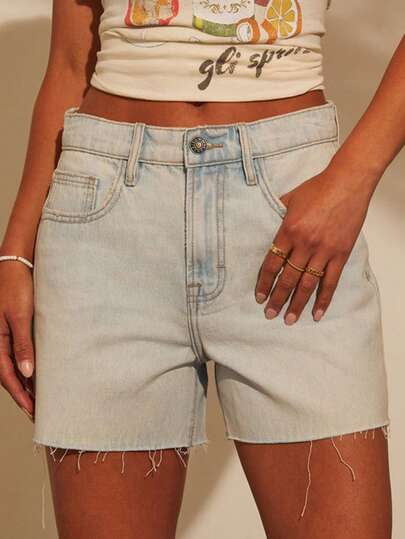 Women's Plain Color Frayed Hem Pockets Zipper Denim Shorts