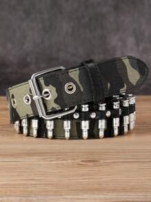 2025 Neue olivgrüne Camouflage Gürtel für Unisex - Patronen-Kopf-Deko & Nieten Punk Rock Heavy Metal Y2K Taktischer Gürtel - Outdoor Hip Hop Jeans Accessoire mit asymmetrischem Muster Sommer, Schule
