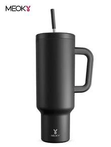 50盎司带手柄玻璃杯，带盖和吸管玻璃杯，保温杯，真空保温水瓶，不锈钢保温旅行杯，100％防漏，保冷24小时或保温12小时 - 黑色 - 查看 2