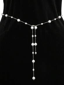 1pc Women's Fashionable Simple Silver Pearl Waist Chain, Sexy Accessory For Dresses, Single Layer Metal Body Chain Summer, School Fall, Autumn, Halloween - Silver - View 12