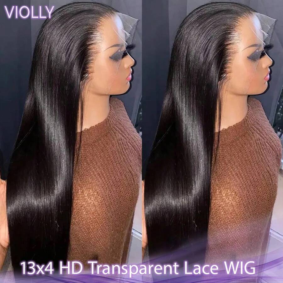 VIOLLY 200% 密度 13x4 透明蕾丝前假发 黑色直发人发混合头发预拔发际线适合任何场合佩戴 - 自然色&黑色系 - 查看 1