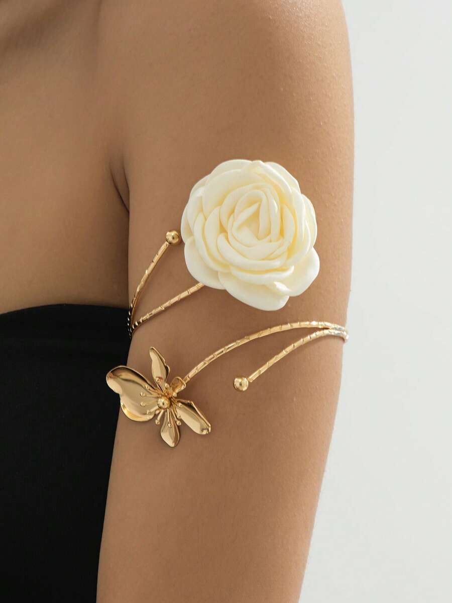 1 chiếc vòng tay hở thời trang mặt hoa, vẻ ngoài thanh lịch cho trang phục đi nghỉ của phụ nữ - vàng - Xem 1