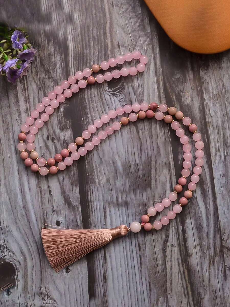 Boho Style Necklace 8mm Pink Rhododenite & Rose Quartz 108 Mala Necklace With Tassel Rosary Meditation Yoga Prayer Jewelry For Women Men, Self-Love And Trust - Multicolor - View 1