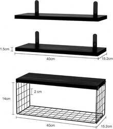 DAHAN 3 Piezas Estantes Flotantes con Cesta de Alambre, Soporte de Fijación de Metal en Forma de L, Flotantes de Pared para Bormitorio, Estudio, Cocina, Baño y Salón (Negro) - Negro - Ver 3