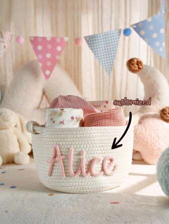 Customized Handmade Solid Color Rope Basket With Pull Handle, Personalized Name Woven Storage Basket, Decoration For Halloween, Christmas, Toys, Cosmetics, Multipurpose Organizer Basket, Customized Text Gift Basket, Home Decor, Wedding Bridesmaid Gift,Xmas Decoration,For Housewarming