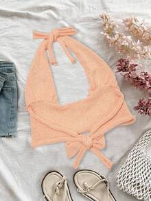 Women's Summer New European And American Style Solid Color Mesh Shoulder Exposed Sexy Backless Casual Vacation Camisole Knit Top, Versatile Style, Can Be Worn Front Or Back - Coral Pink - View 12