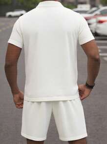 Conjunto informal de 2 piezas de hombre con polo de cuello de collar de tejido jacquard de manga corta + pantalones cortos con cordón