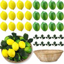 12 Pcs Fake Lemon Limes Artificial Fruits Yellow Green Faux Lemon Limes Mix Set With 10 Pcs Leaves 1 Pc Woven Basket Lifelike Fake Fruits Decor For Kitchen Party Table Photo Prop Home