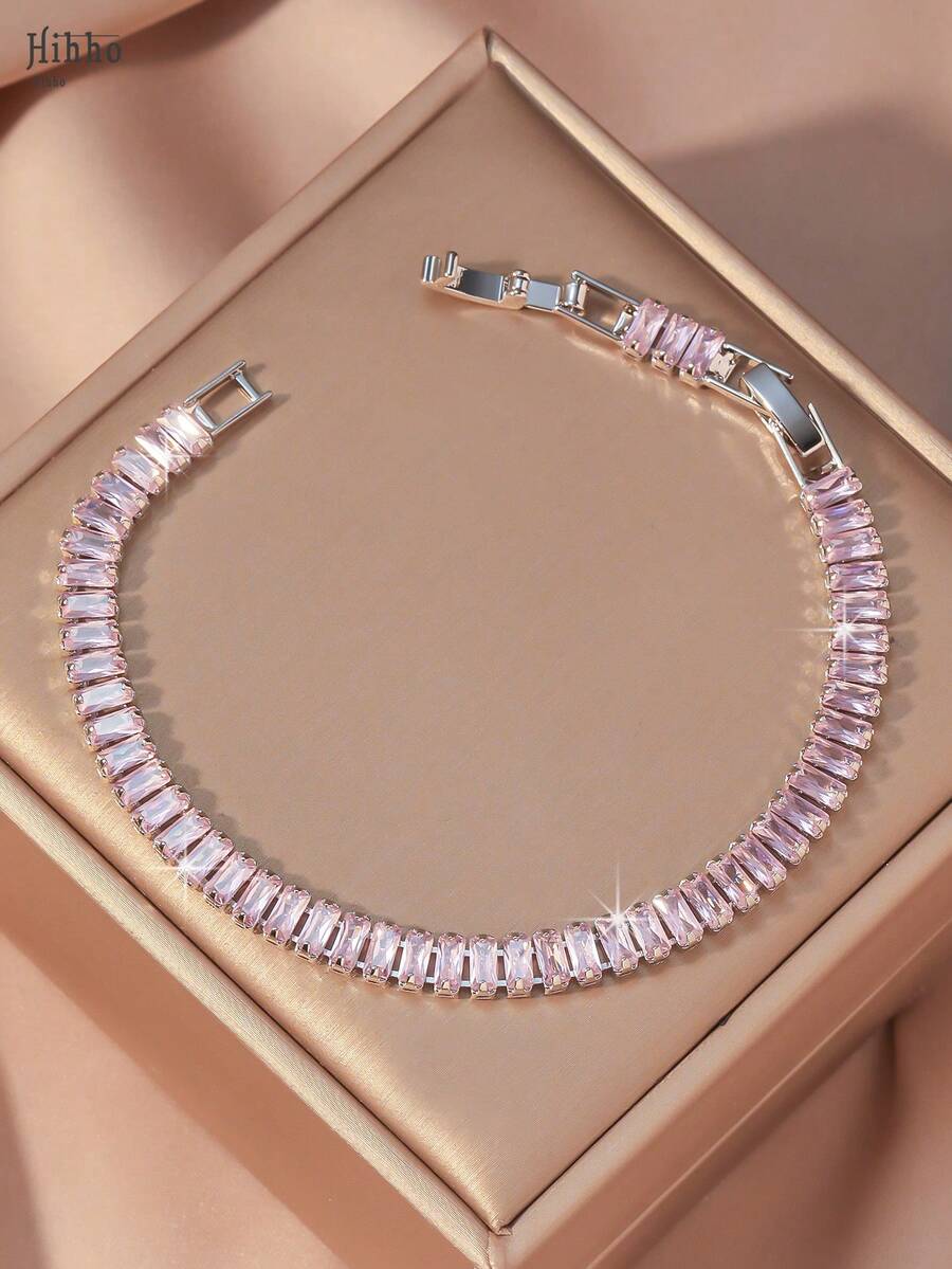Hihho 1 pieza Brazalete minimalista de mujer color rosa brillante con cuadrado de circonita cúbica, regalo para una cita