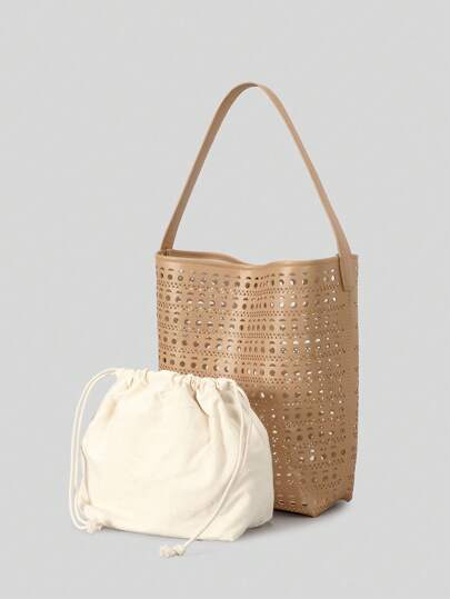 Solid Color Hollowed Out Shoulder Mother And Child Bucket Bag, Women's Beach Vacation Beach Bag, Large Capacity Mesh Handbag