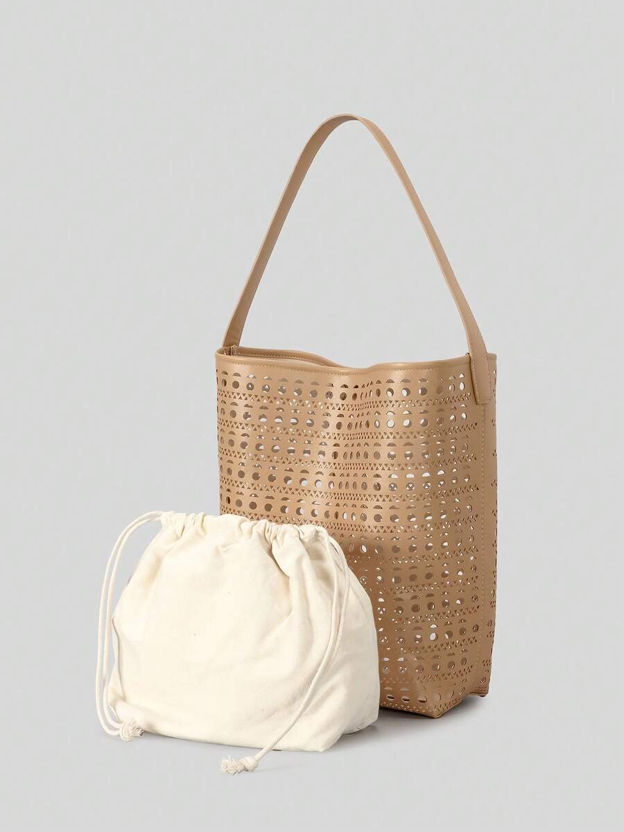 Solid Color Hollowed Out Shoulder Mother And Child Bucket Bag, Women's Beach Vacation Beach Bag, Large Capacity Mesh Handbag