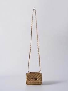 Mini Square Bag New Design Women's Handbag With V-Shape Stitching, Quilted Texture, High-Quality Shoulder Bag, Chain Crossbody Bag, Flap Cover Small Makeup Bag, Fashionable Ladies Accessories Winter Gifts - Gold - View 7