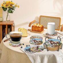 8 Stücke/Set Diamant Malerei Untersetzer Set mit Leuchtturm, Tier, Fee, Kreuz, Kürbis, Pfau, Oldtimer Untersetzern (mit Halter) - Heimdekoration DIY Diamant Kunst Bastelset für Anfänger, Erwachsene, künstliche Diamant Kunsthandwerk Zubehör, Geschenk