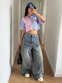 女士拼色条纹宽松休闲短袖衬衫