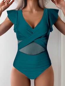 Women's Flutter Sleeve One Piece Swimsuit With Crisscross Mesh Panel Detail And Deep V-Neckline - Teal Blue - View 3