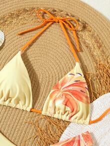 3pcs/Set Fashion Bowknot Tie-Back Bikini Set Set, Casual & Sexy Beachwear - Yellow - View 4