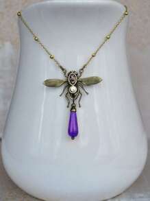 3pcs Dragonfly & Geometric Pendant Necklace Earrings Set, Vintage Style Classic Jewelry With Natural Stone, Zirconia, Pearl Decor For Women Party & Occasion