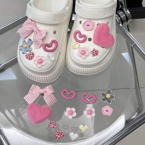 12pcs Y2K Plush Heart, Bow, Star Shape Shoe Charm Accessories, Suitable For Beach Sandals