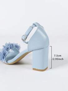 Women's Light Blue Flower Decor Metal Buckle Strap Square Toe Chunky Heel Sandals, Sweet & Fresh Style For Summer Daily & Vacation