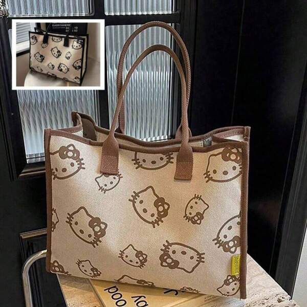 Sanrio Sanrio Hello Kitty Cartoon Canvas Multifunctional Shoulder Bag, Large Capacity Commuter Tote Bag, Cute Anime Shopping Bag
