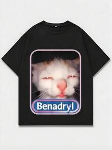 Black T - Shirt With Cat Graphic,Casual Print,Comfortable And Versatile,Letter Pattern Pure Cotton 220g Printed T-Shirt,Unisex Style - màu đen - Xem 1