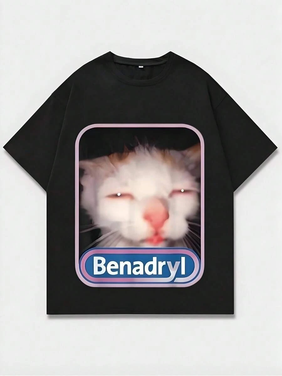 Black T - Shirt With Cat Graphic,Casual Print,Comfortable And Versatile,Letter Pattern Pure Cotton 220g Printed T-Shirt,Unisex Style - màu đen - Xem 1