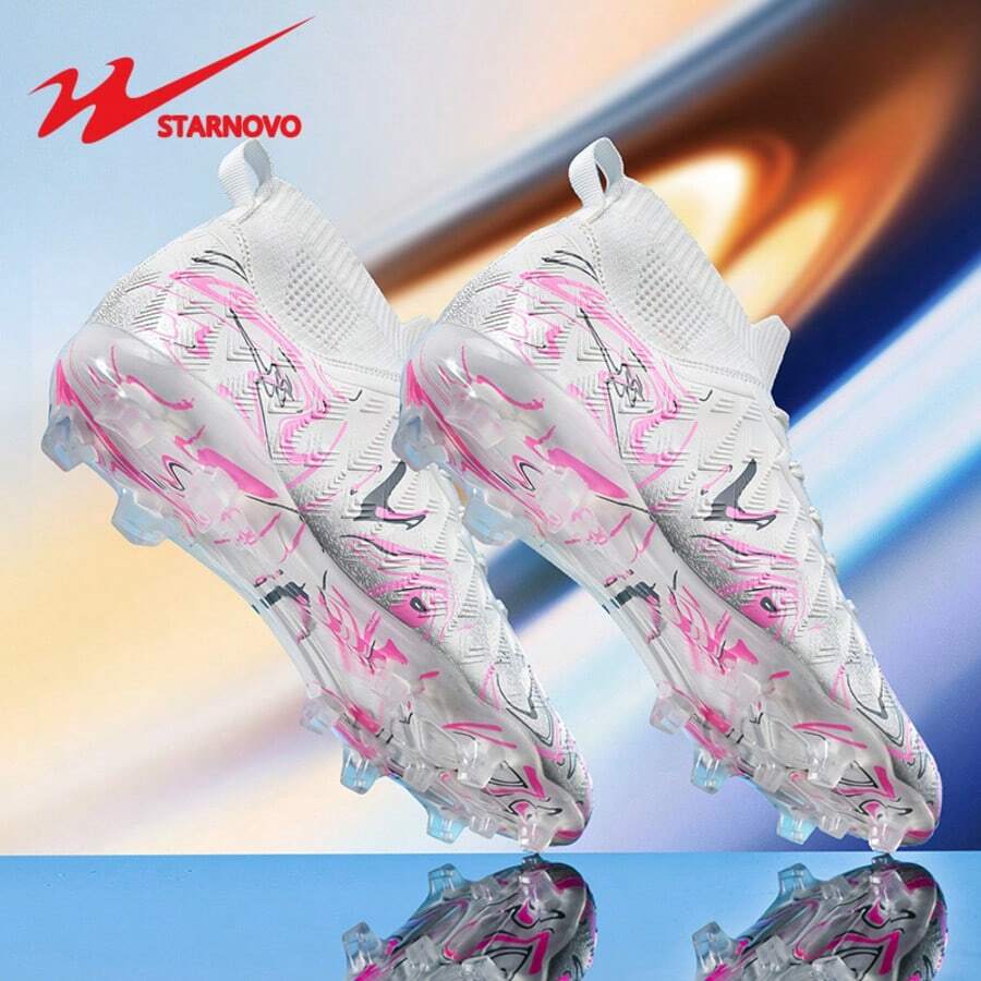 STARNOVO Professional Dual-Star Football/Soccer Cleats, Outdoor Sports Spike Shoes For Men & Women, Suitable For Soccer/Baseball, Artificial Turf & Natural Grass, Non-Slip, Comfortable, Leather Material, Multiple Colors Available, High-Top Design For Professional Football/Youth World Cup Football Shoes, Competitively Priced - 白色 - 查看 1