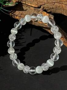 Handgemachtes Kristallarmband zur Entspannung bei Angstzuständen mit 8 mm Katzenauge und klaren Steinen - beruhigendes Schmuckgeschenk zur Stresslinderung