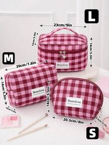 1 pieza/Set Bolsa de cosméticos a cuadros retro Y2K, bolsa de maquillaje a cuadros rosa y blanca linda para damas, bolsa de cosméticos con cremallera de gran capacidad, bolsa de viaje a cuadros casual para almacenamiento, bolsa de cosméticos esencial para viajes y vacaciones, puede almacenar toallas sanitarias y tampones, adecuada para el nuevo período escolar, primavera/verano, aniversario, vacaciones, uso diario, festivales, un regalo ideal para mujeres, también una excelente opción de regalo de Navidad - Rosa Fucsia - Ver 14