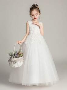 Tween Girls Elegant Embroidered Applique Bridesmaid Flower Girl Dress, White Sequin Holy Communion Party Wedding Banquet Graduation Formal Gown - trắng - Xem 6